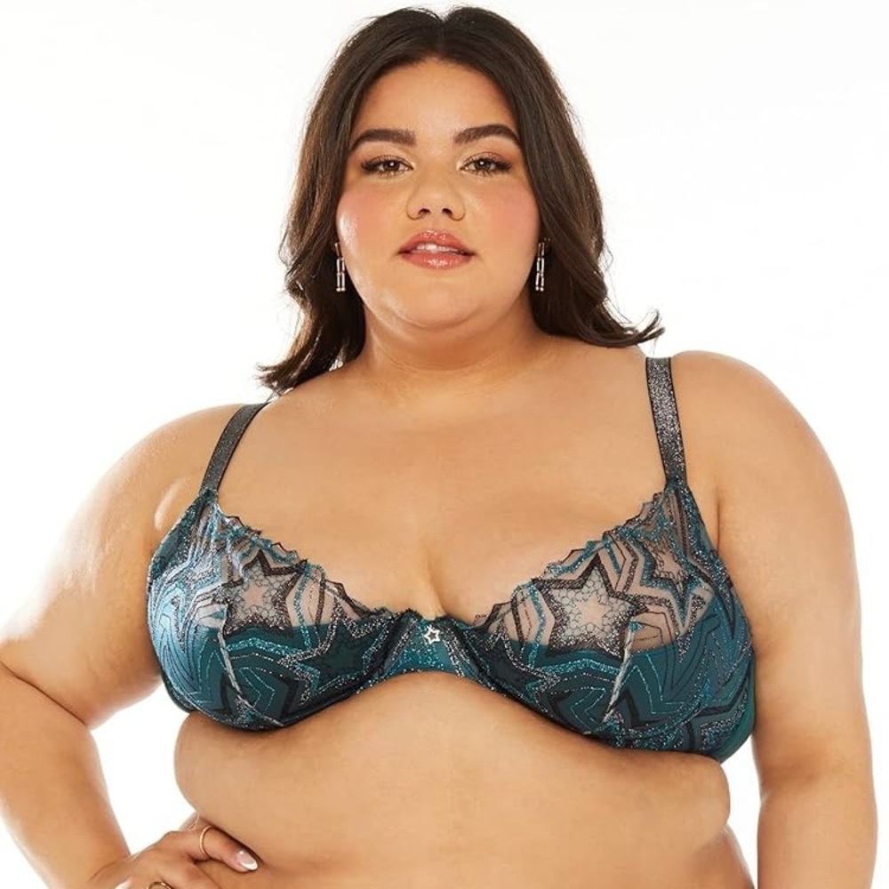SAVAGE X FENTY Shining Star Embroidered Half Cup Plunge Bra 42D Deep Teal NWT